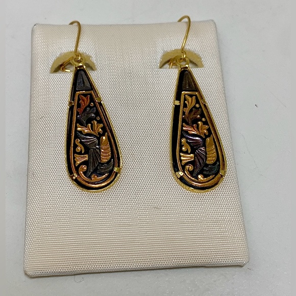 Brand New Vintage Toledo Spanish 24K Gold Damascene Teardrop Earrings - Picture 7 of 9